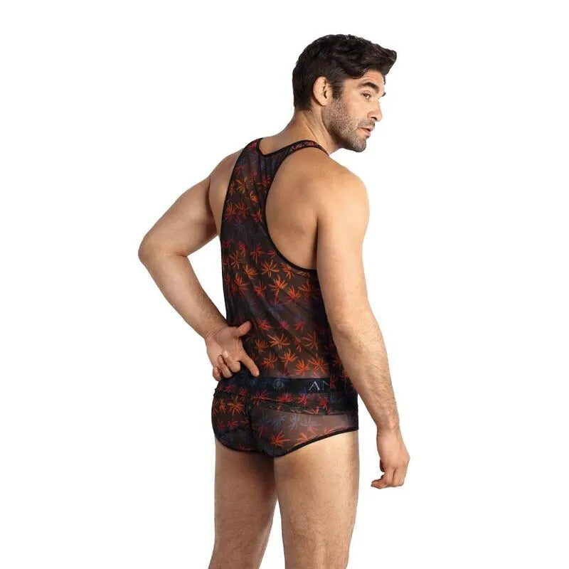Haut lingerie noir sans manches, imprimé palmier, ajusté, pour homme, style séduisant et audacieux.