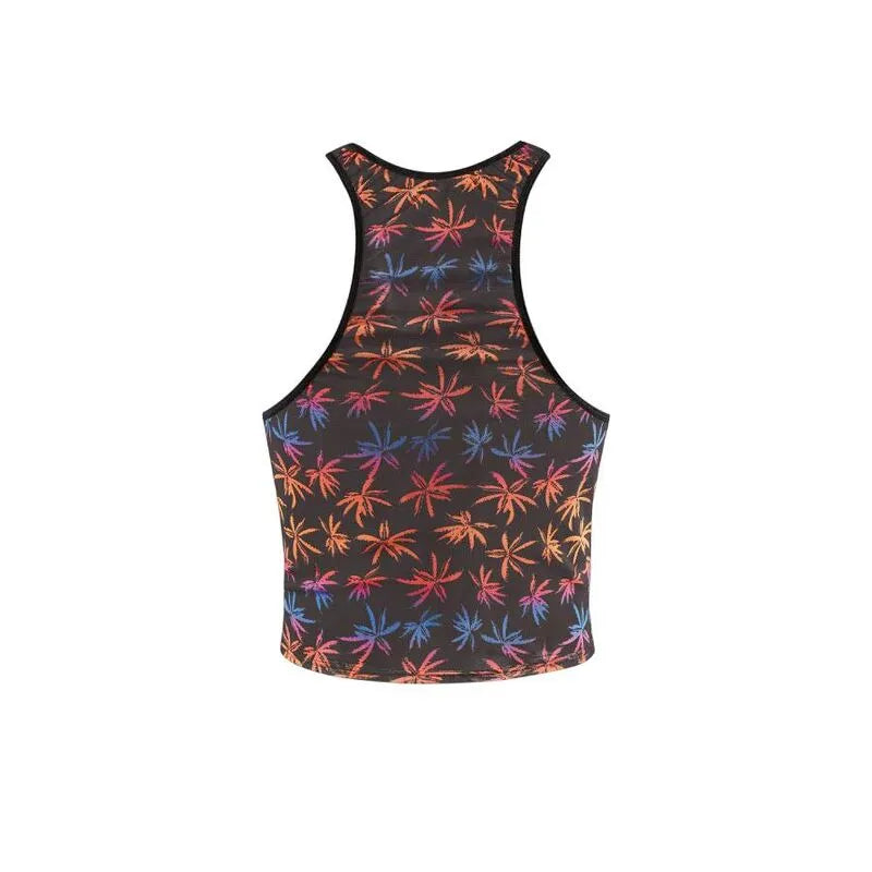Haut de lingerie noir sans manches, imprimé palmier coloré, ajusté et séduisant pour homme.