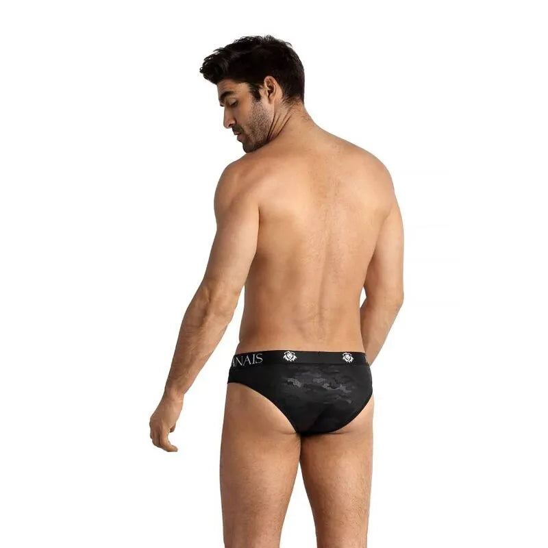 Slip homme ANAIS MEN noir à imprimé militaire, microfibre douce, bande élastique large, coupe ajustée pour confort optimal.
