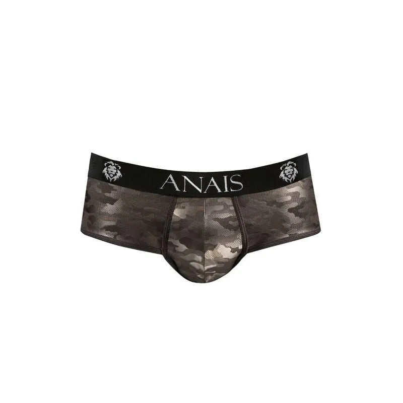 Bikini homme microfibre imprimé militaire, design fesses ouvertes, élégant et confortable, fabrication européenne.