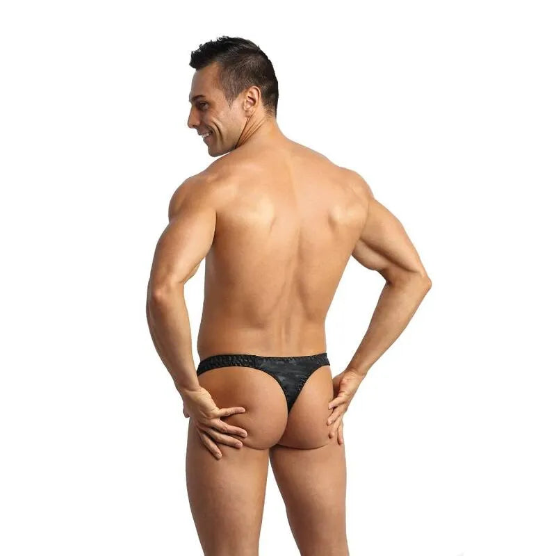 String homme imprimé militaire, microfibre douce, élastique délicat, confort optimal, séduction élégante.