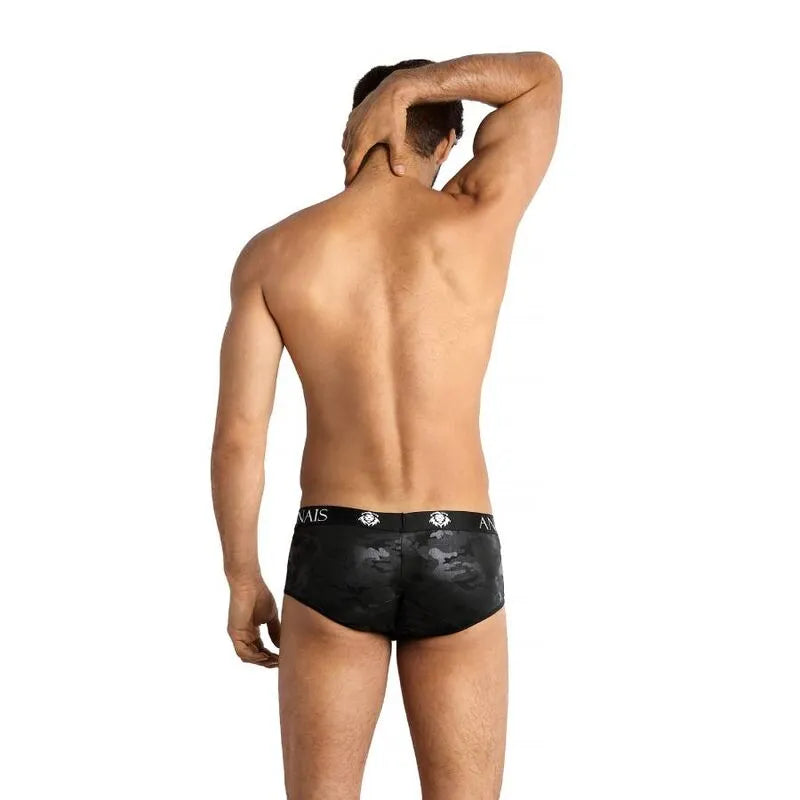 Boxer homme imprimé militaire noir, coupe sportive, microfibre douce, maintien optimal, modèle de dos.