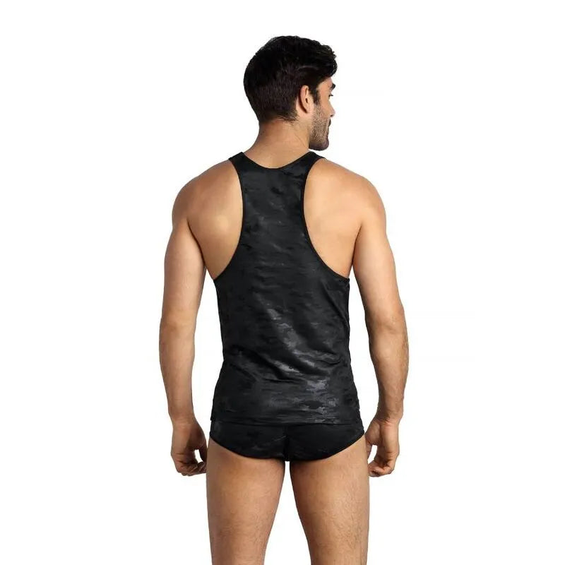 Débardeur homme ajusté imprimé militaire noir, coupe slim, microfibre extensible, idéal club et soirée, confort et style.