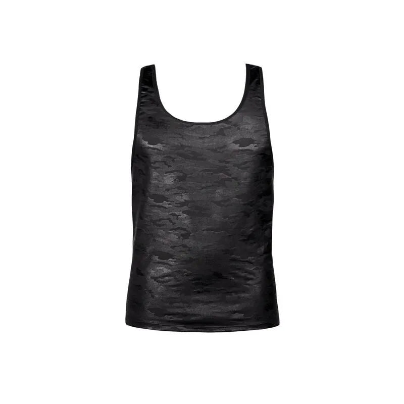 Débardeur homme microfibre imprimé militaire noir, coupe slim, extensible et respirant, idéal pour soirées et clubs.