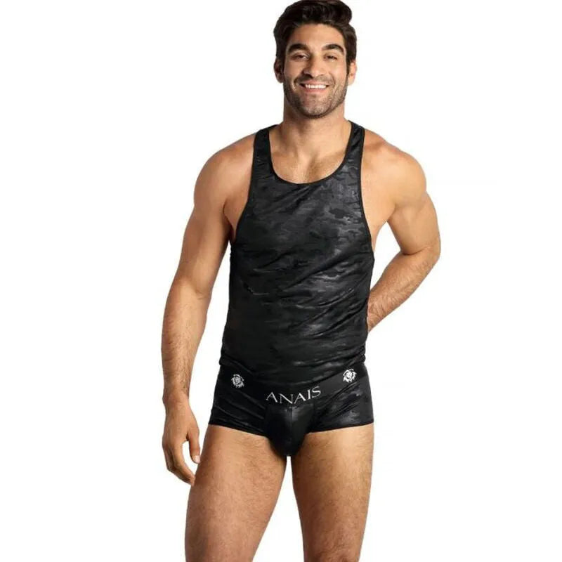 Débardeur homme noir imprimé militaire ajusté, style sexy et élégant, idéal pour club et soirée, confort et respirant.