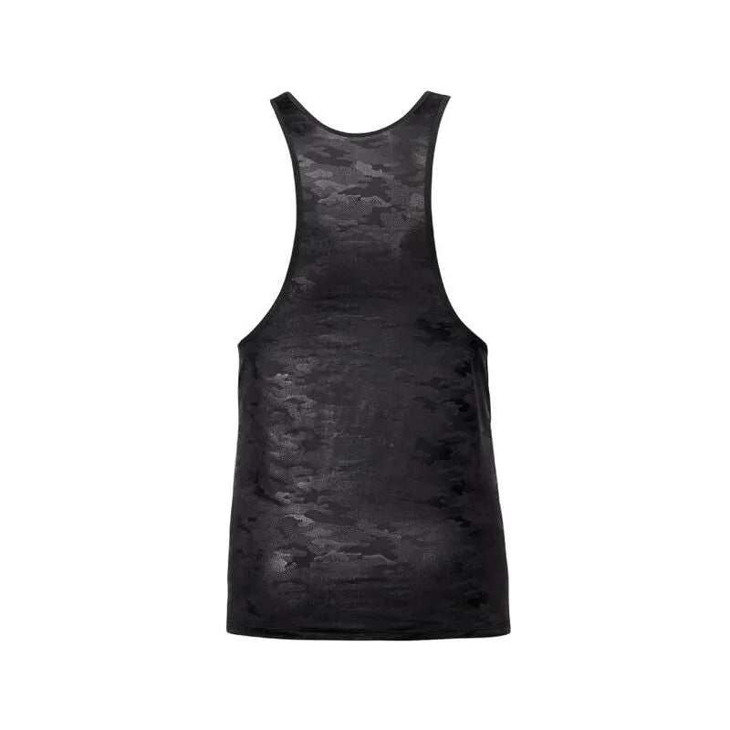 Débardeur homme noir imprimé militaire, coupe slim ajustée, microfibre extensible, style séduisant et moderne.