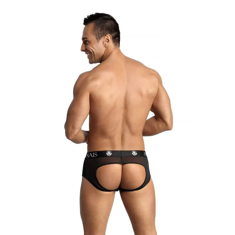 Slip bikini noir homme, dos ouvert, tulle transparent, design audacieux, Anais Eros, sexy et confortable.
