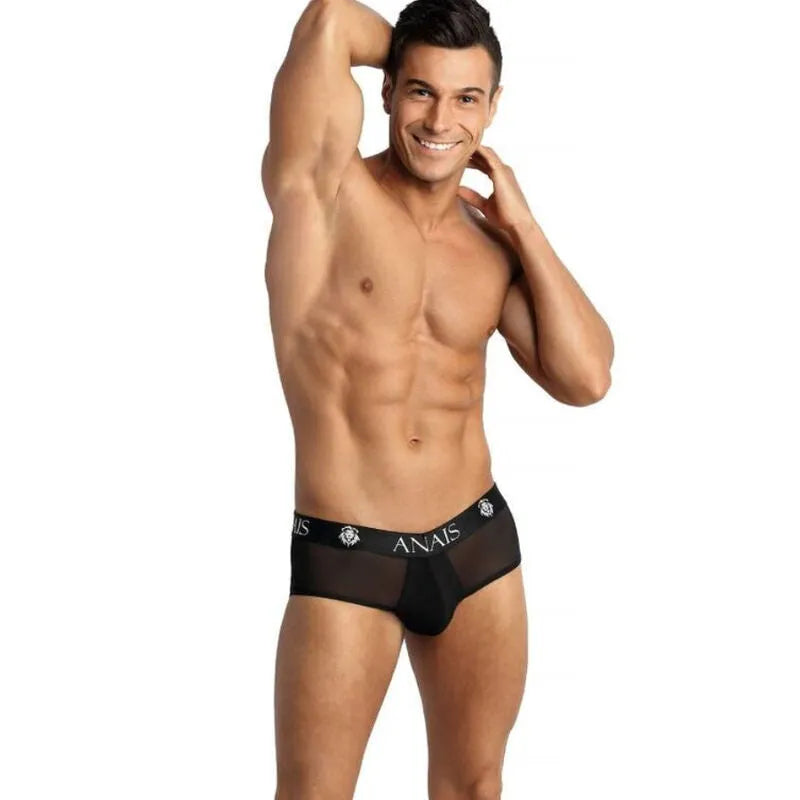 Slip bikini noir homme Anais Eros, tulle transparent, fesses ouvertes, coupe sensuelle, confortable et élastique.