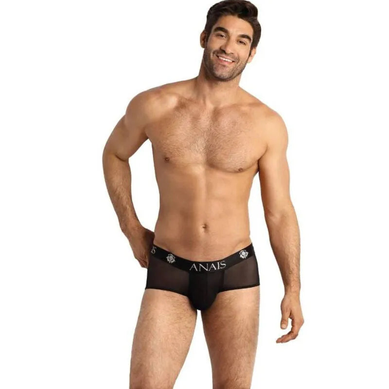 Culotte Éros homme en tulle noir, coupe sportive, jambes courtes, ajustement parfait, 95% polyamide, 5% élasthanne.