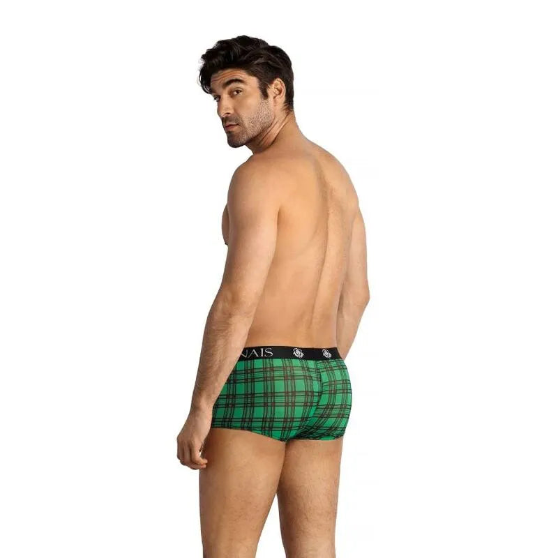Boxer homme sexy à carreaux verts et noirs, taille élastique noire, lycra doux, Anais Apparel, confort et style.