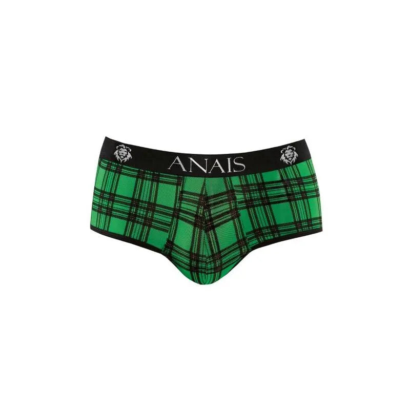 Bikini homme Anais vert à carreaux noirs, taille élastique noire, lycra doux, confort optimal, style sexy et moderne.