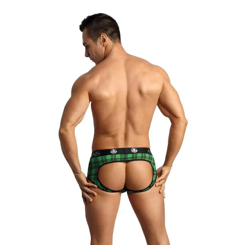 Bikini jock pour hommes en lycra à carreaux verts et noirs, bande élastique noire à la taille, coupe sexy et confortable.