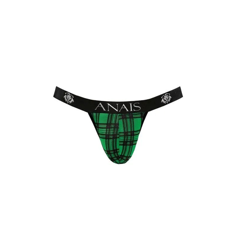 Jockstrap homme à carreaux verts et noirs, bande élastique noire avec logo Anais, coupe sexy et confortable.