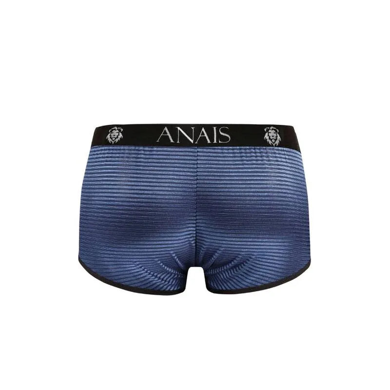 Boxer homme rayures satinées bleu marine, coupe sportive, tissu extensible doux, marque ANAIS visible à la ceinture.