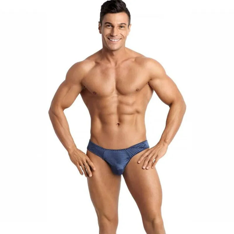 String homme en tulle noir à rayures satinées bleu marine, confortable et élégant, Anais Apparel.