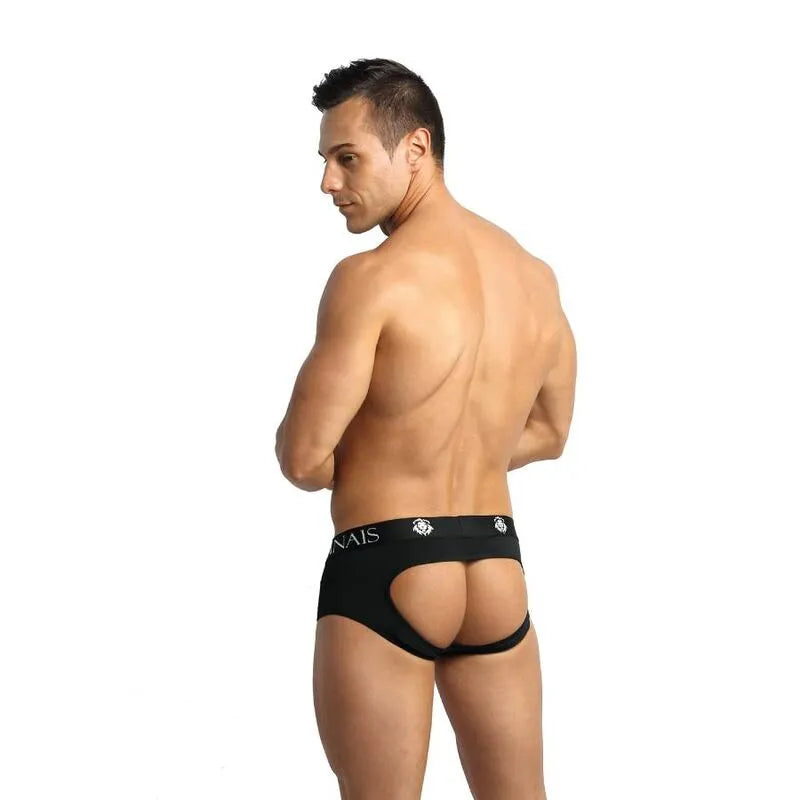 Bikini slip ouvert homme en microfibre noire, élégant et respirant, révélant les courbes avec style et confort.