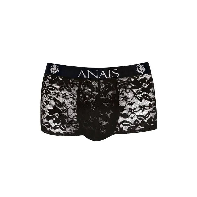 Boxer homme dentelle noire imprimé fleuri, coupe sportive, élégant et raffiné, marque ANAIS MEN, jambes longues.