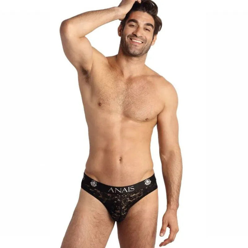 Slip homme noir en dentelle florale, taille élastique, coupe sexy et confortable, Anais Men Romance.