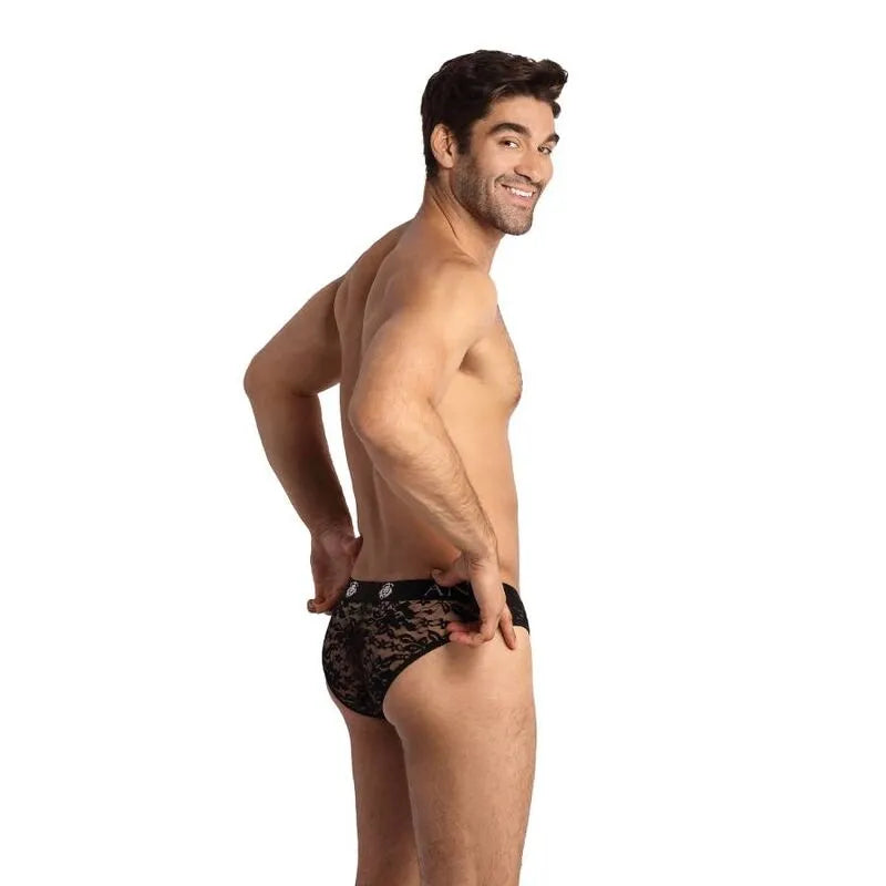 Slip homme noir en dentelle florale, coupe ajustée, bande élastique à la taille, confort et élégance Anais Men.