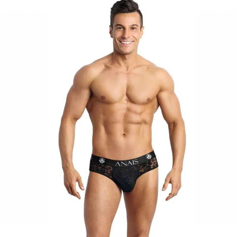 String homme ANAIS MEN ROMANCE en dentelle noire, élégant et confortable, ajustement parfait pour toutes occasions.