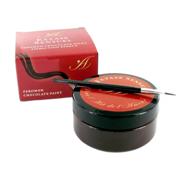 Pot de peinture corporelle au chocolat Extase Sensual avec pinceau, emballage rouge, aphrodisiaque comestible.
