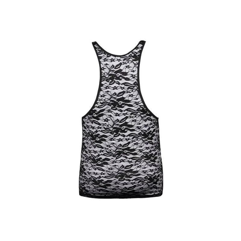 Top lingerie homme sans manches en dentelle noire fleurie, ajustement parfait, style élégant et confortable.