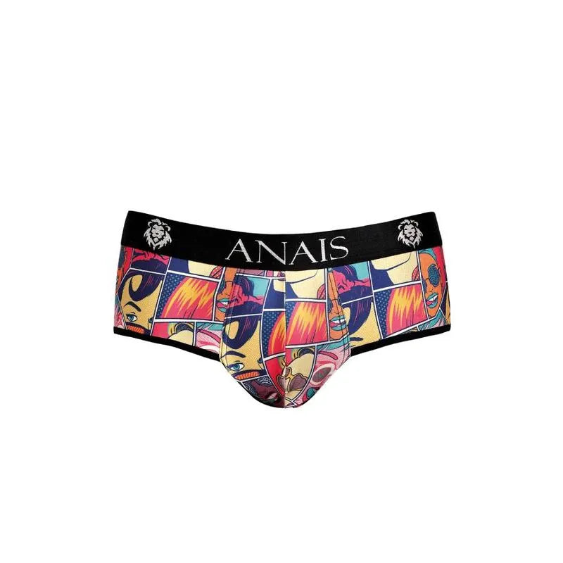 Slip bikini homme comics Anais, couleur vive, bandes dessinées, coupe audacieuse, fesses ouvertes, polyamide élasthanne.