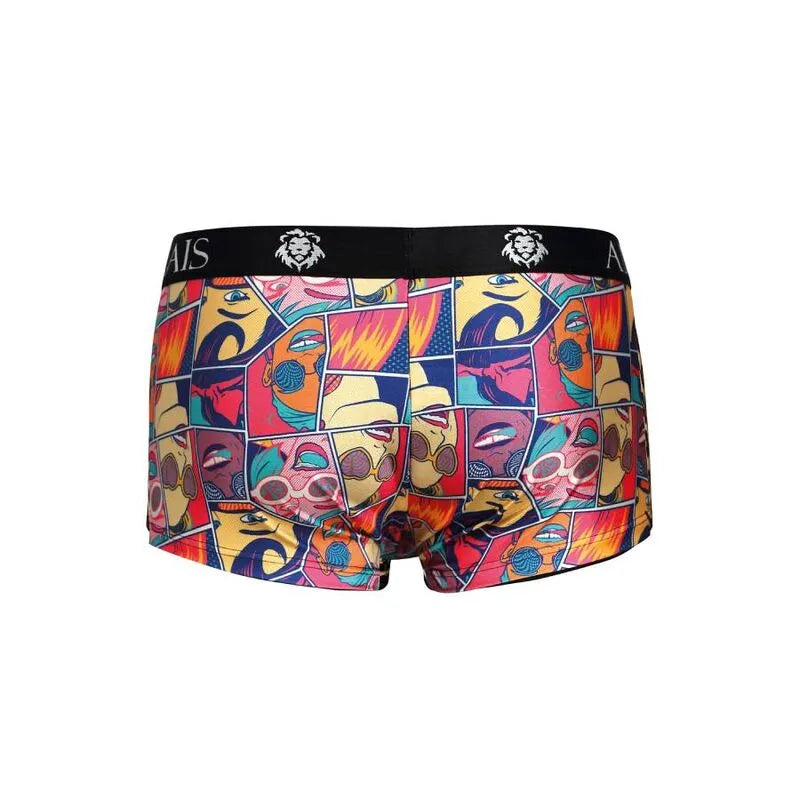 Boxer homme coloré imprimé bande dessinée, coupe sportive, ceinture noire, tissu modal doux, style moderne et séduisant.