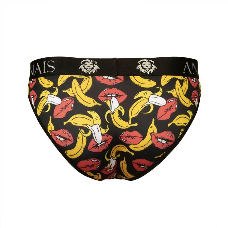 Slip homme noir avec imprimé bananes jaunes et lèvres rouges, taille élastique noire ANAIS, confort et style assuré.