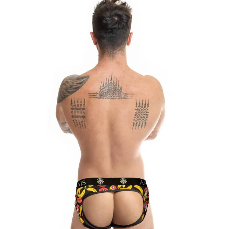Slip bikini homme imprimé bananes, fesses ouvertes, lycra noir, coupe audacieuse, Anais Apparel, lingerie sexy.