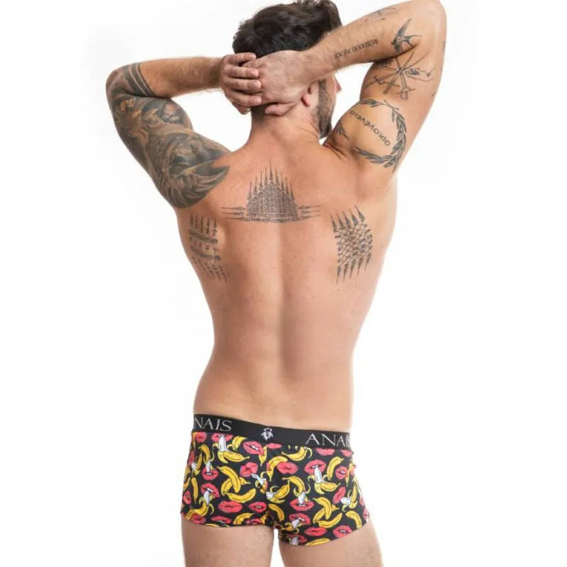 Boxer homme imprimé bananes, coupe sportive, lycra ajusté, fond noir, ceinture ANAIS MEN, confort seconde peau.