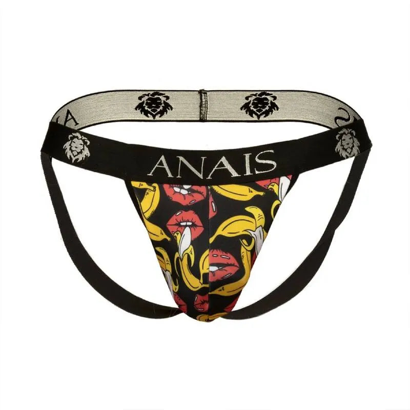 Jockstrap homme Anais, imprimé bananes et lèvres, lycra noir et jaune, coupe audacieuse, ceinture élastique décorative.