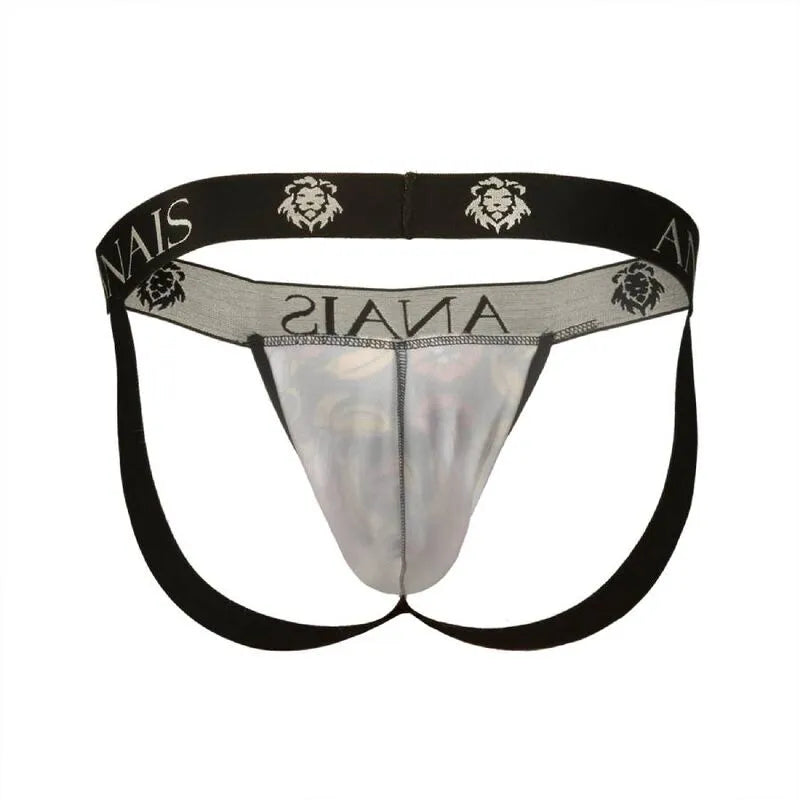 Jockstrap homme Anais, imprimé bananes, lycra doux, coupe audacieuse, ceinture noire logo Anais, dévoile fesses.