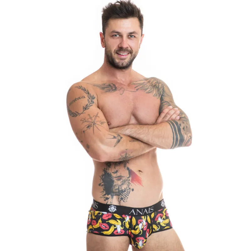 Slip homme Anais noir avec imprimé bananes, coupe sportive, ajusté, en lycra doux, idéal pour confort et style.