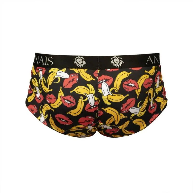 Slip homme Anais en lycra noir avec imprimé bananes et lèvres rouges, coupe sportive, ceinture noire logo Anais.