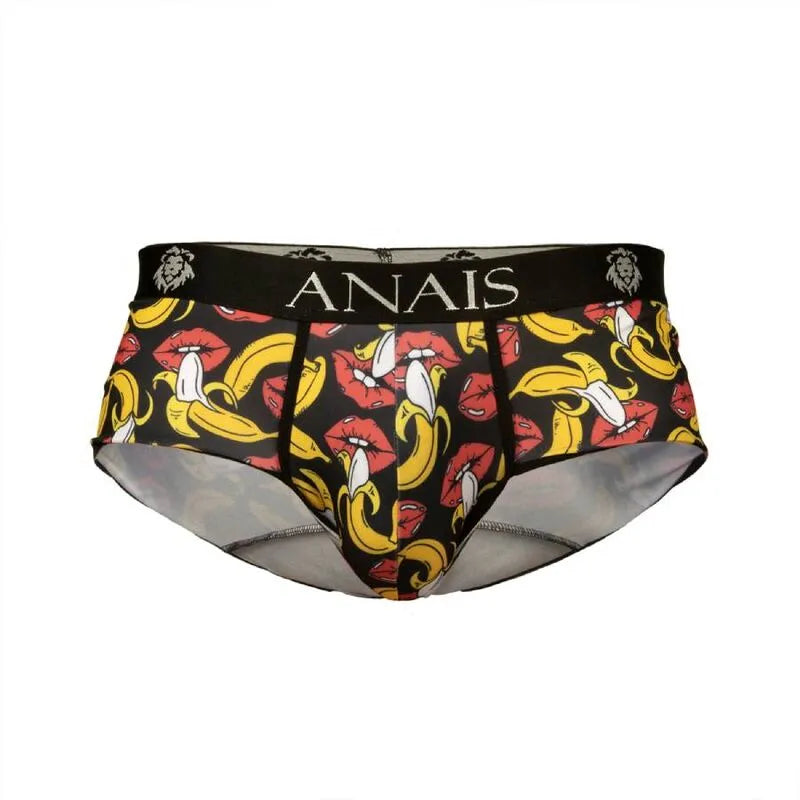Slip homme Anais en lycra noir avec imprimé bananes jaunes, coupe sportive, ceinture noire logo Anais.
