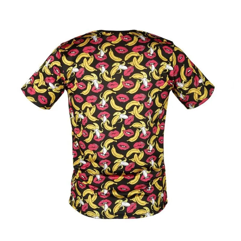 T-shirt homme imprimé bananes et lèvres rouges, ajusté, lycra doux, fond noir, mode audacieuse et moderne.