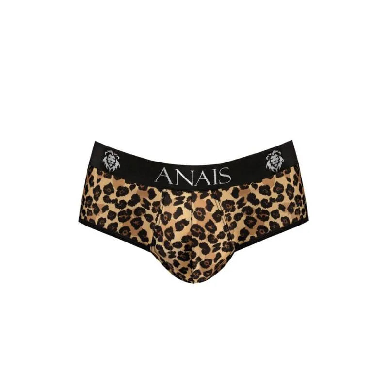 Bikini homme imprimé animalier, taille élastique noire, logo Anais, microfibre douce, confort et style sexy.