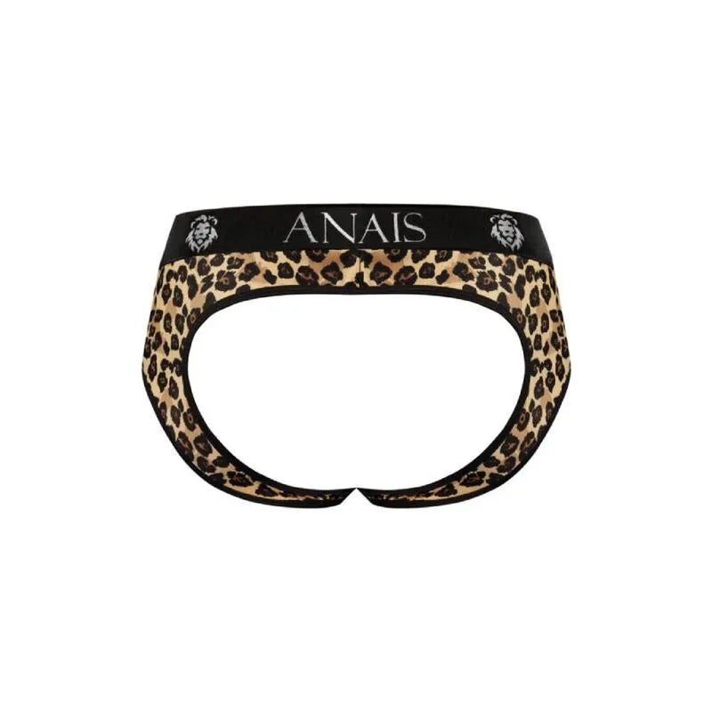 Bikini jock homme imprimé animalier, bande élastique noire avec logo Anais, microfibre douce, coupe sexy et confortable.
