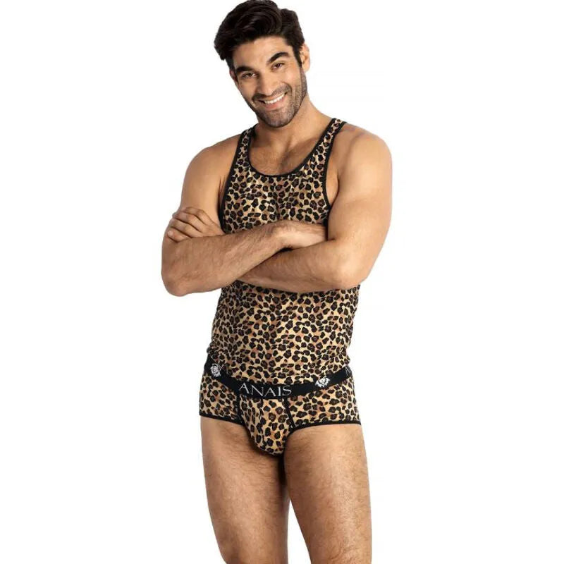 Sous-vêtement homme ANAIS MEN - TOP MERCURY, imprimé animal léopard, microfibre douce, bande élastique noire à la taille.
