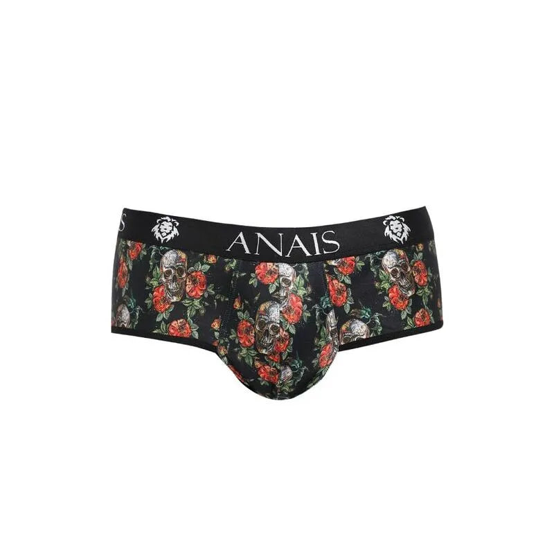 Bikini homme Anais noir à imprimé roses et têtes de mort, fesses ouvertes, coupe audacieuse, modal doux.