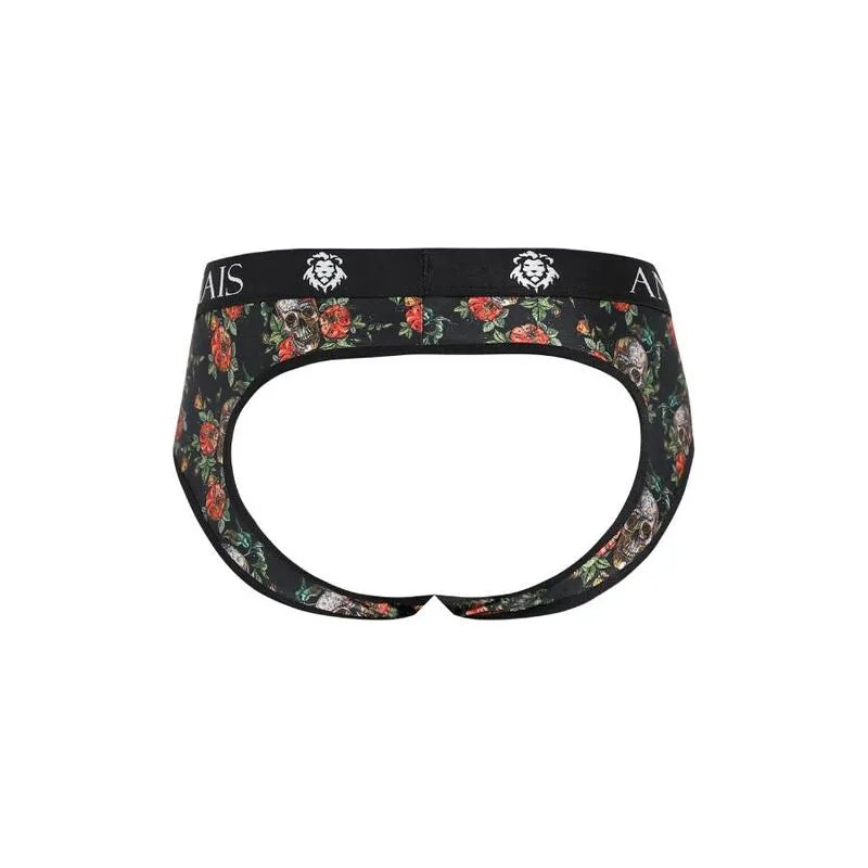 Bikini homme noir à imprimé roses et têtes de mort, fesses ouvertes, coupe audacieuse, tissu modal doux.