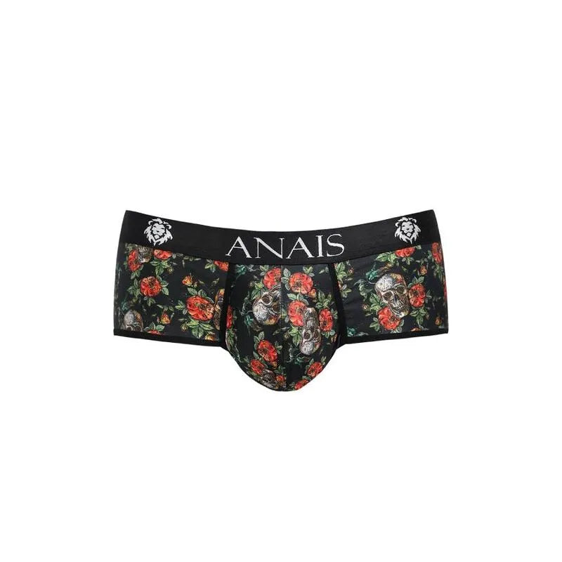 Slip sport ANAIS MEN noir imprimé roses et têtes de mort, ceinture élastique noire, ajustement parfait, style audacieux.