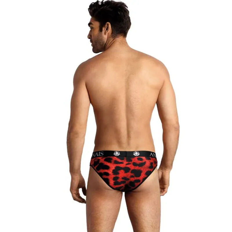 Slip homme rouge imprimé animal, microfibre douce, bande élastique noire à la taille, Anais Apparel.