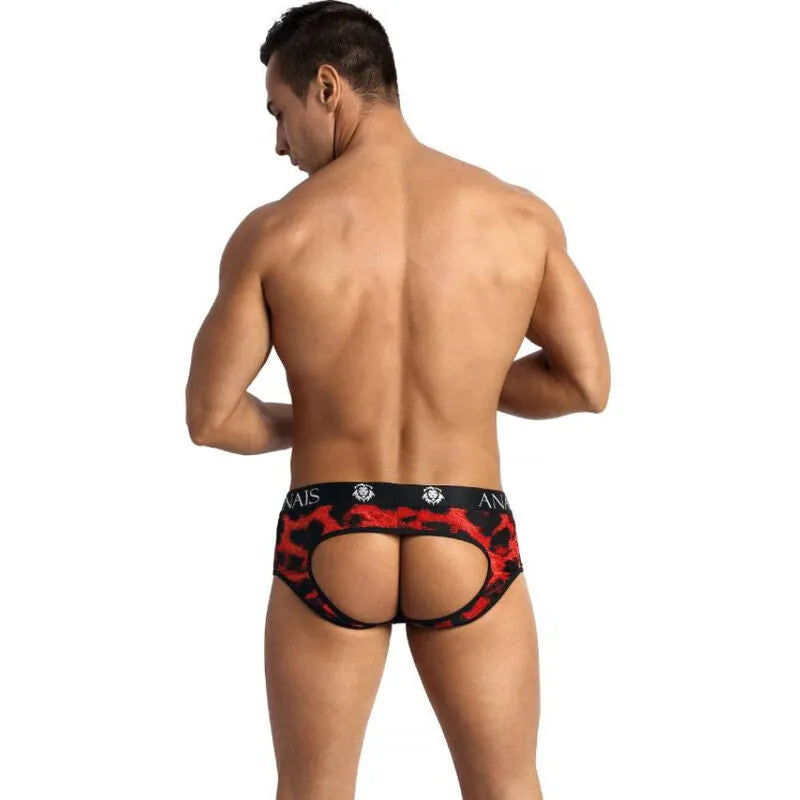 Bikini homme rouge imprimé animal, coupe ouverte, microfibre, élastique, fabriqué en Europe, style audacieux et séduisant.
