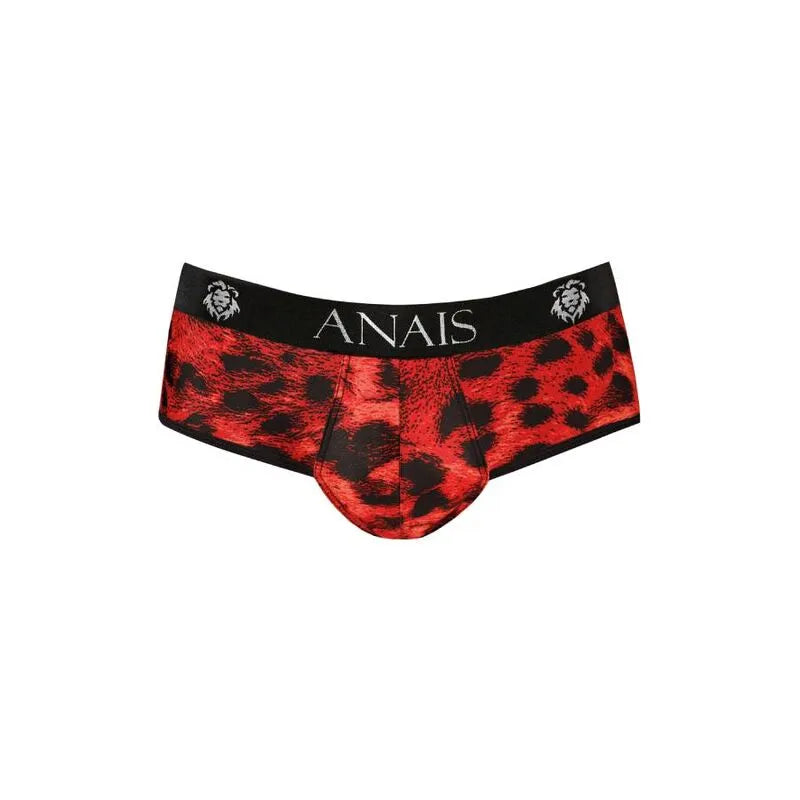 Bikini homme rouge imprimé animal, coupe ouverte, microfibre extensible, marque ANAIS, style séduisant et audacieux.