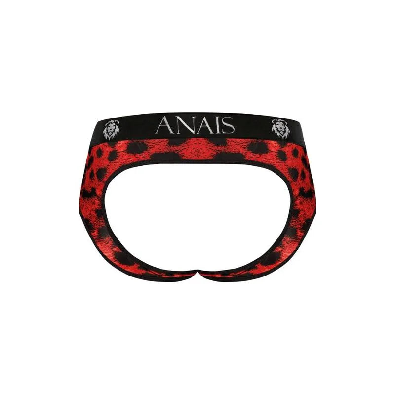 Bikini homme rouge imprimé animal, coupe ouverte, microfibre extensible, marque ANAIS MEN, style audacieux et séduisant.