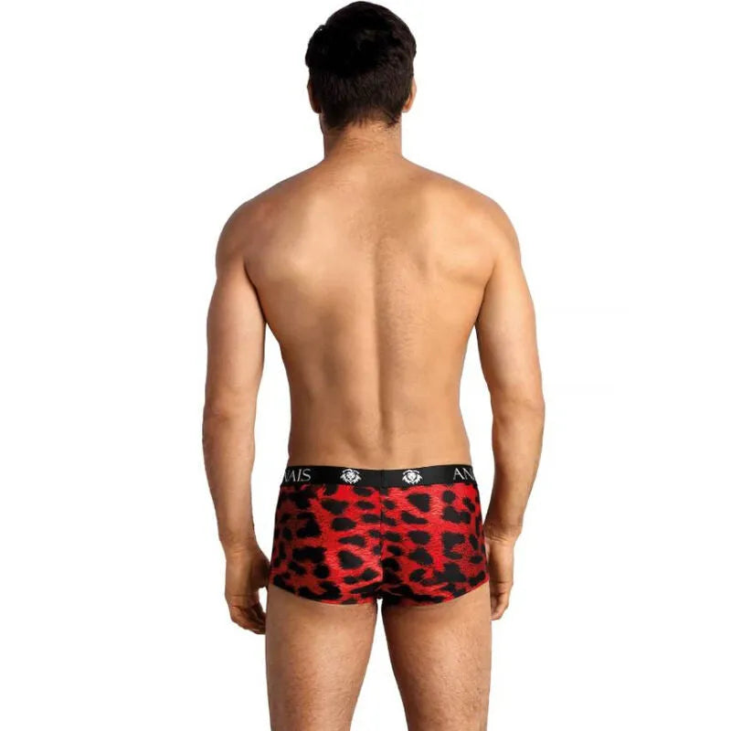 Boxer homme rouge imprimé animal sauvage, microfibre ajustée, coupe sportive, jambes longues, maintien respirant.