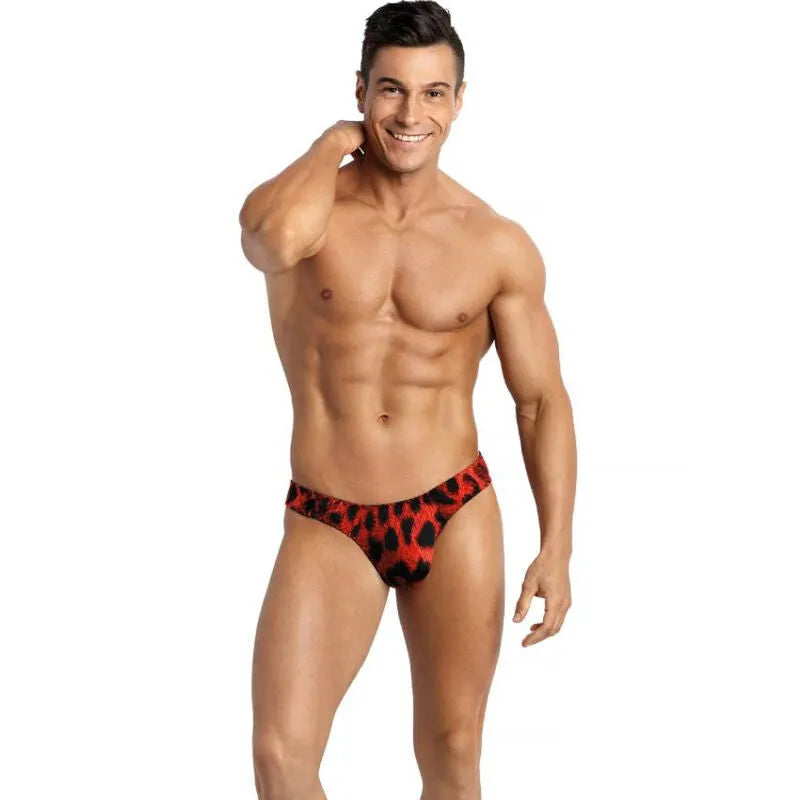 String homme rouge imprimé animal sauvage, microfibre douce, élastique délicat, confort optimal, séduction élégante.