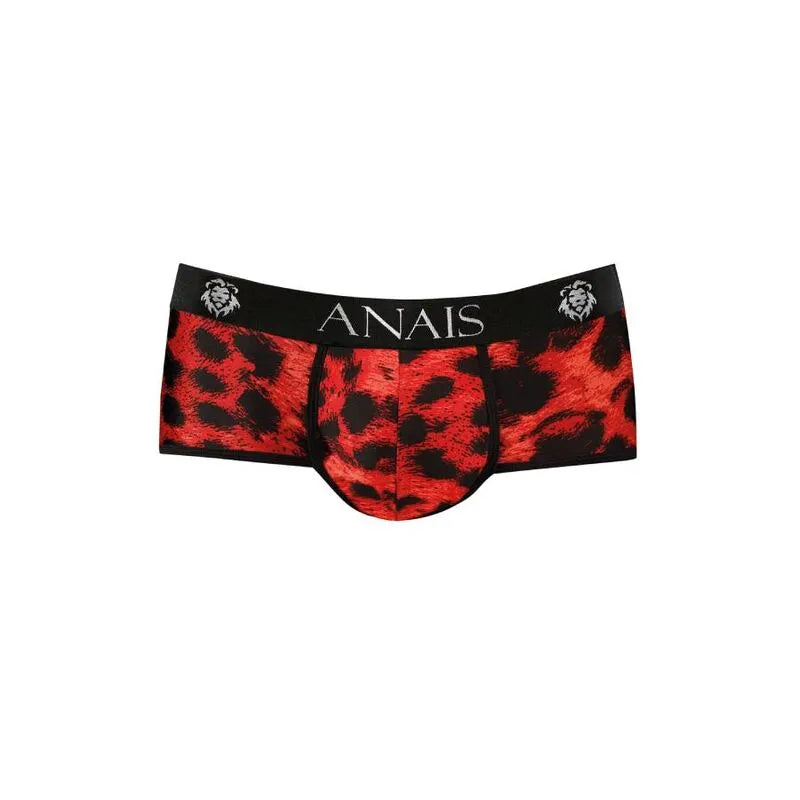 Slip homme rouge imprimé animal, microfibre douce, coupe sportive, marque Anais, élastique noir logo lion.